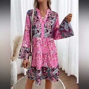 Paisley Print Flounce Sleeve Ruffle Hem Smock Dress